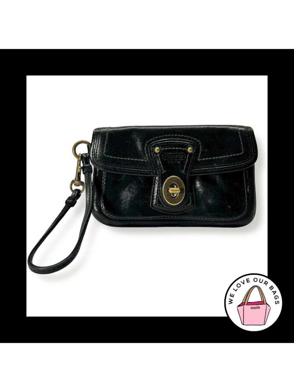 COACH LEGACY GIGI 65th Anniversary Turnlock Black Leather Stripe Wristlet Wallet